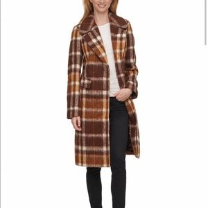 Calvin Klein Plaid Single Breasted Coat Wool Blend NWT